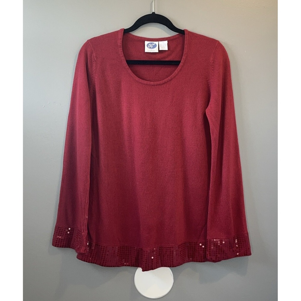 DG2 by‎ Diane Gilman Sequin Embellished Knit Sweater Womens M Bell Sleeve Red